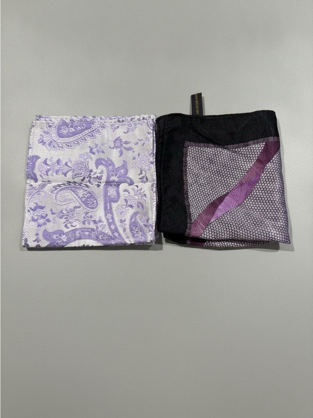 Vintage 100% Silk Pocket Squares, Set of 2, Lavender & Black | Handkerchiefs